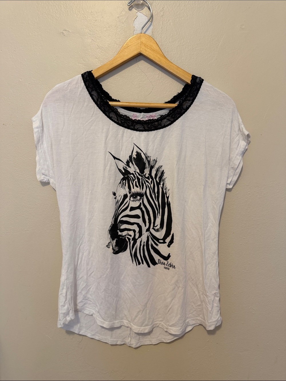 La Vie En Rose White Tee with Black Lace Neckline